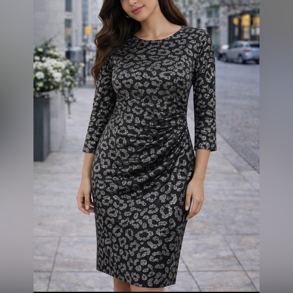 FRANK LYMAN Elegant Black and Silver Leopard Print Dress